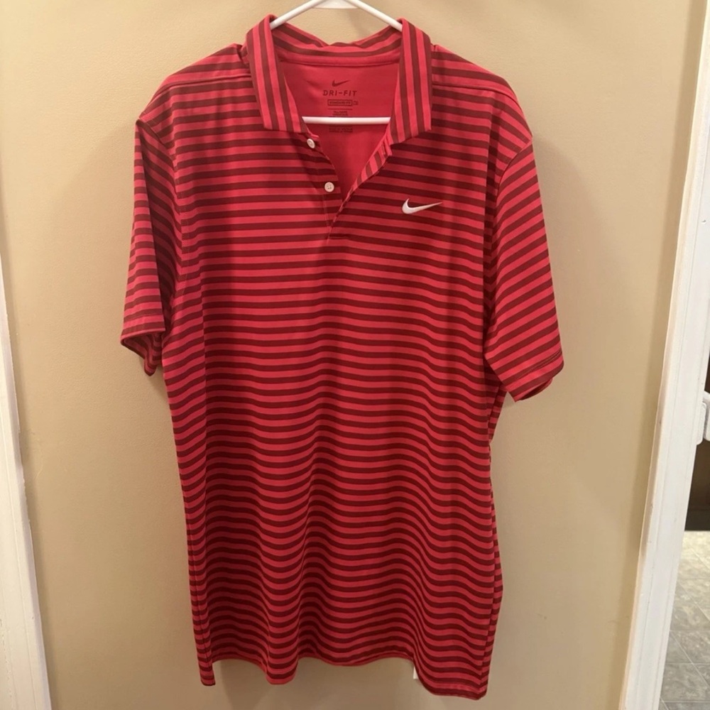 Nike Men's Red and Black Striped Polo Shirt